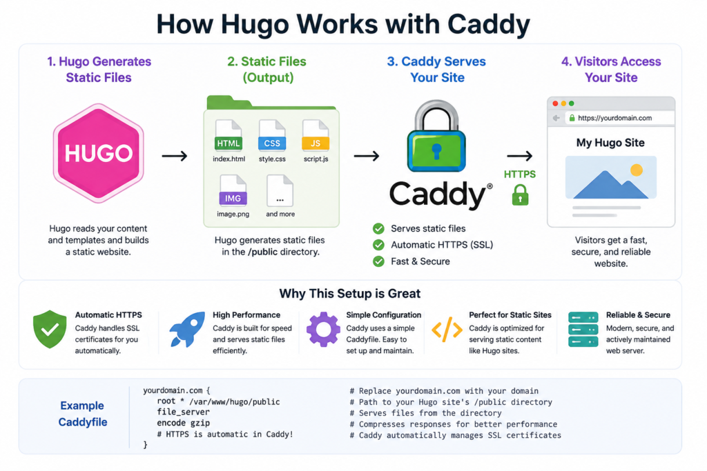 How Hugo generates static files and Caddy serves a secure website with automatic HTTPS
