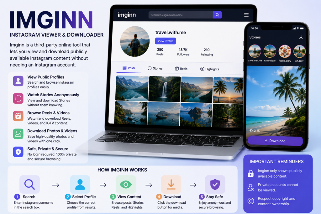 How Imginn works to search Instagram profiles, view public content, download media, and browse safely