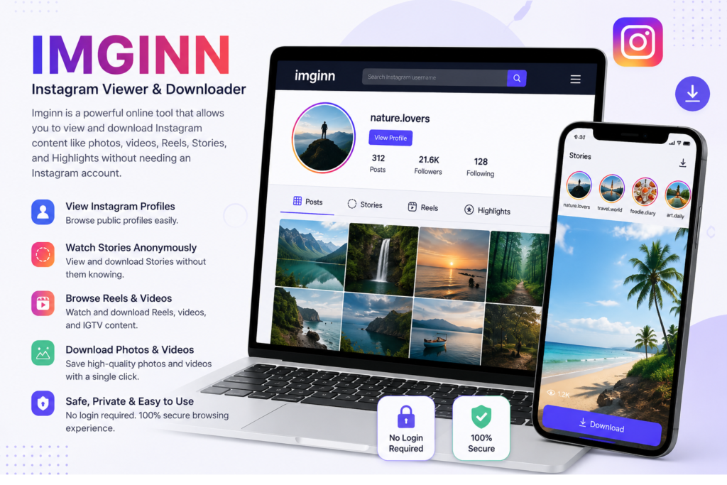 Imginn Instagram viewer showing profiles, Stories, Reels, photos, videos, privacy, and download features