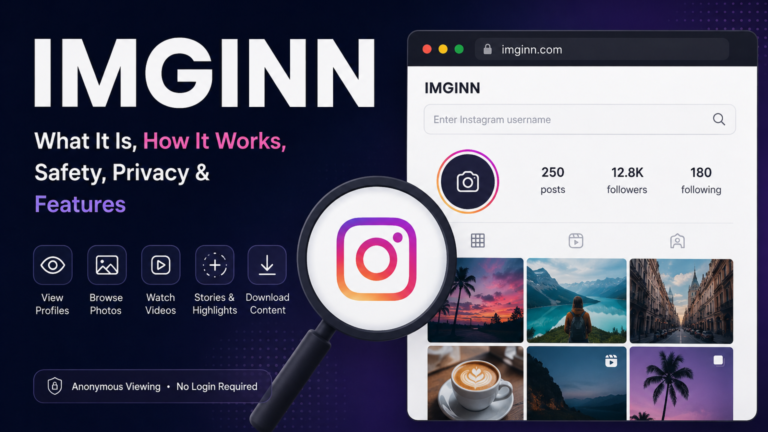 Imginn Instagram viewer showing profile browsing, photos, videos, Stories, privacy, and download features