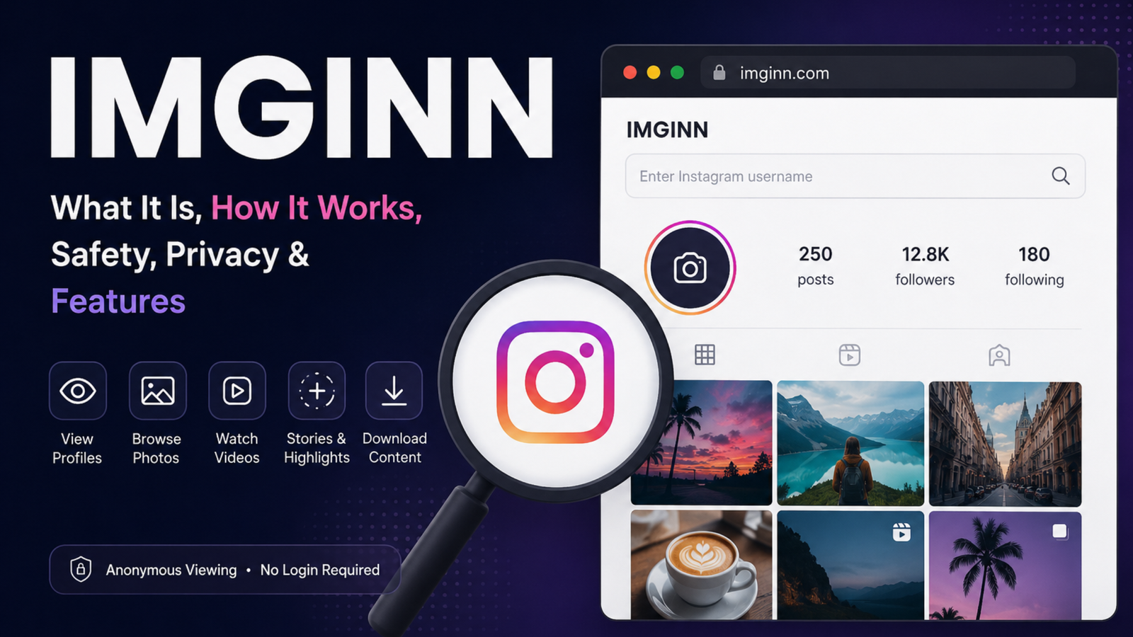 Imginn Instagram viewer showing profile browsing, photos, videos, Stories, privacy, and download features