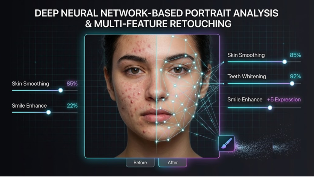 Photoshop AI Neural Filters improving portrait with skin smoothing, teeth whitening, and smile enhancement
