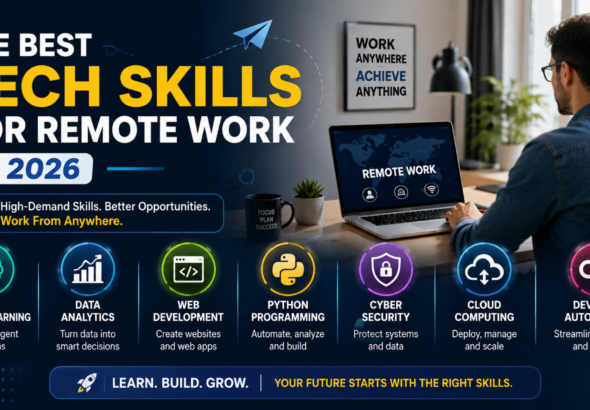 Best tech skills for remote work, including AI, cybersecurity, cloud computing, web development, and data analytics