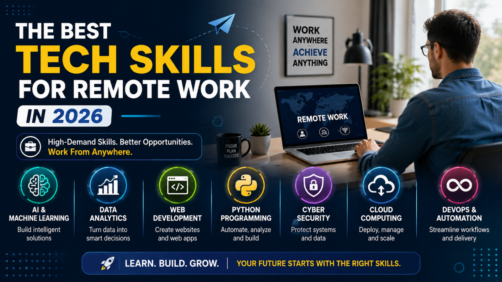 Best tech skills for remote work, including AI, cybersecurity, cloud computing, web development, and data analytics