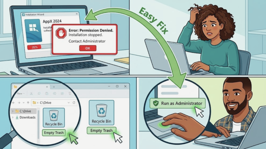 An infographic showing how to fix software installation permission errors by running as administrator