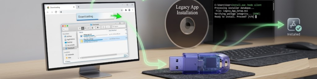 A monitor showing downloaded setup files alongside a USB drive and installation disc