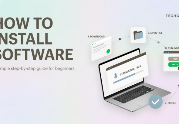 How to install software on a computer step by step, showing the download, installer, and installation process on a Windows laptop