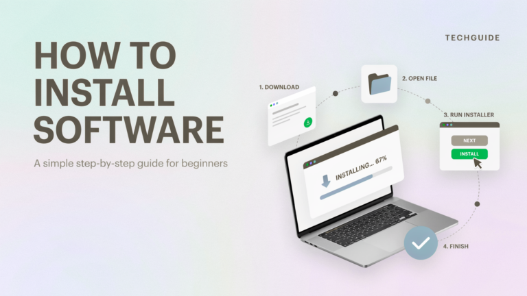 How to install software on a computer step by step, showing the download, installer, and installation process on a Windows laptop