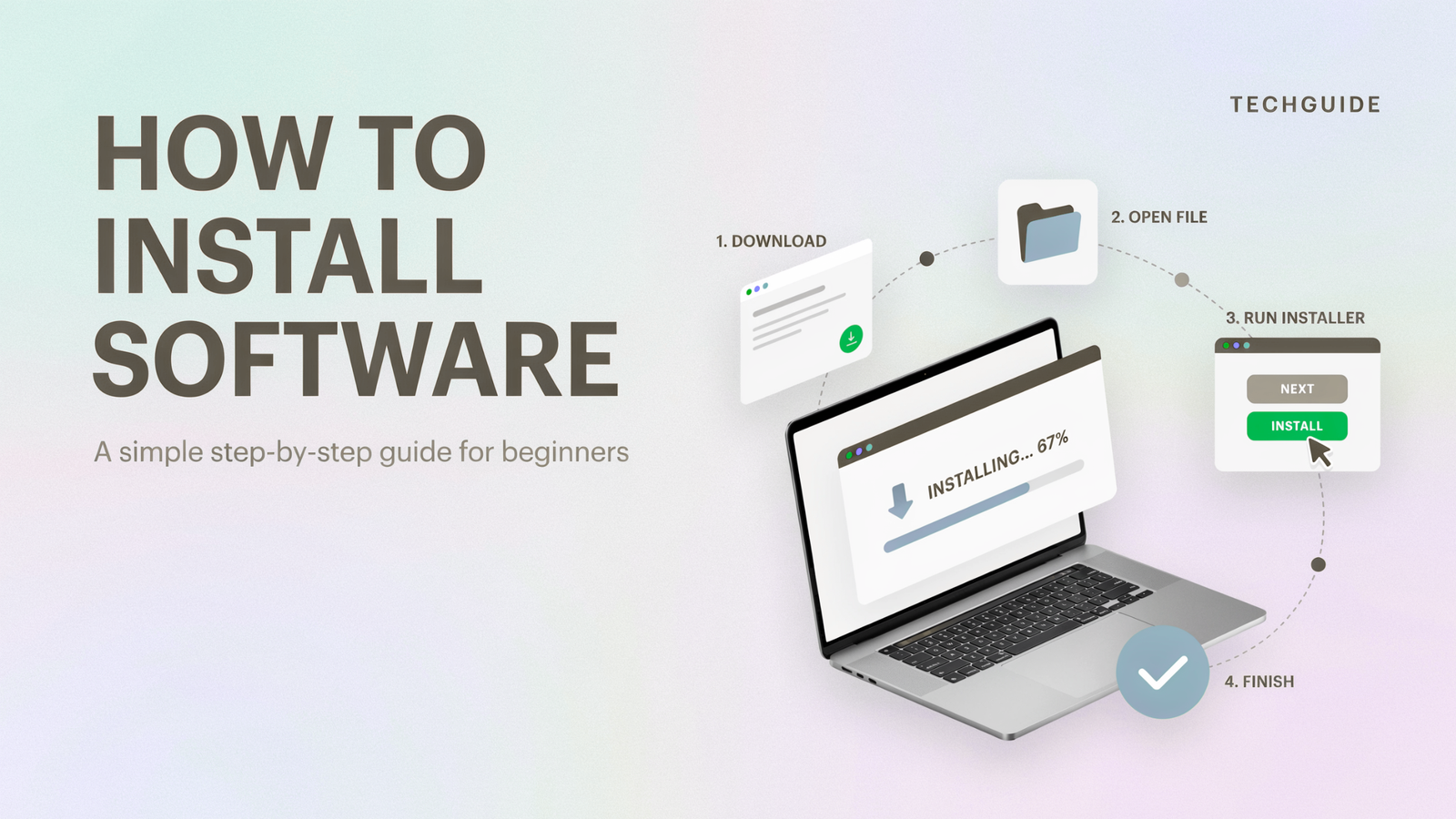How to install software on a computer step by step, showing the download, installer, and installation process on a Windows laptop