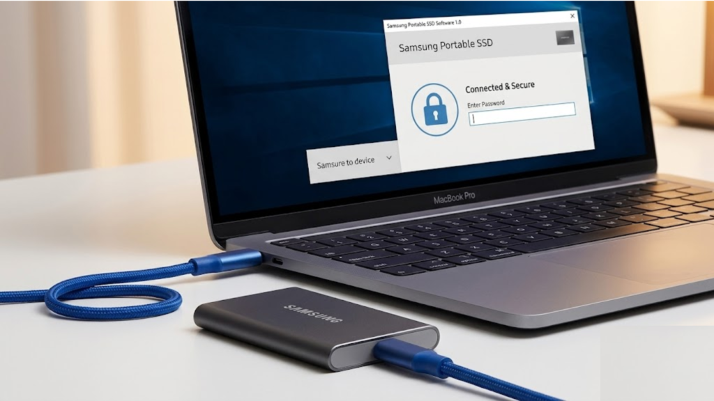 Samsung Portable SSD connected via USB-C cable to a laptop displaying the software security interface with a password entry screen