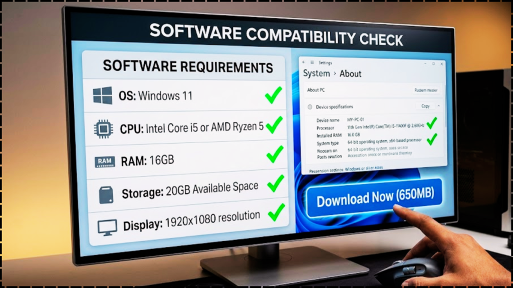 A computer screen displaying a software system requirements checklist with green tick marks